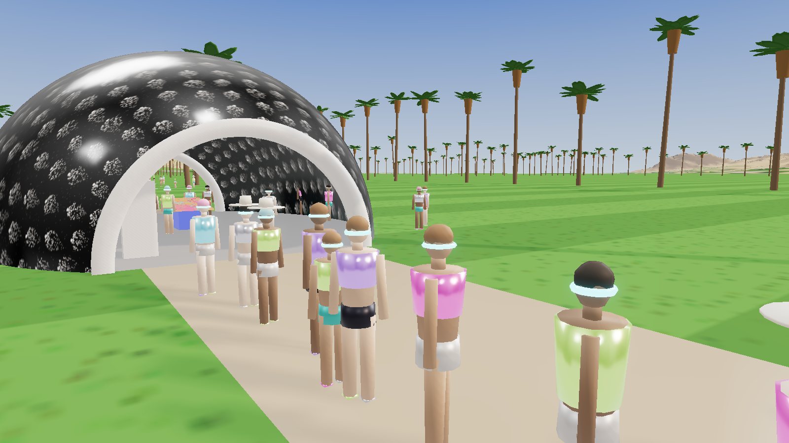 Guests in futuristic festival beachwear queueing at the entrance dome